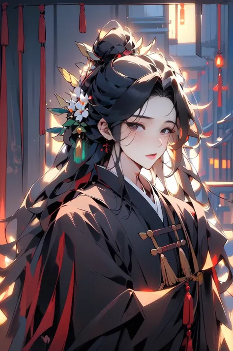 (masterpiece:1.2),best quality,PIXIV,Chinese style,hair ornament,solo,jewelry,black hair,white flower,long hair,A close-up of a boy in a bamboo forest, long black hair, ponytail, green headdress, carrying a lantern, bamboo leaves falling, hazy smoke, green...