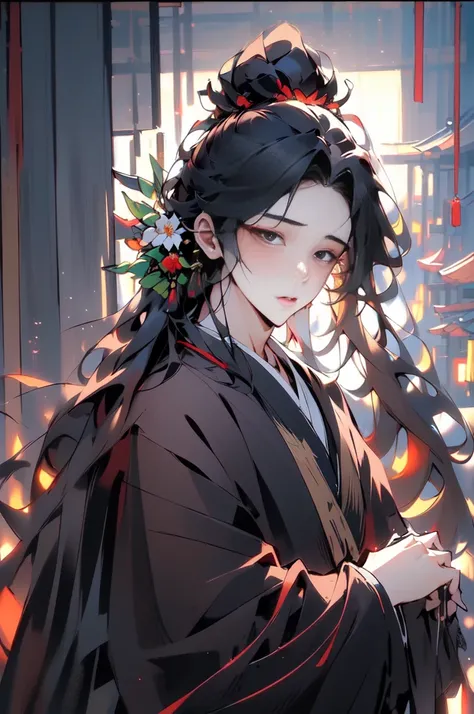 (masterpiece:1.2),best quality,PIXIV,Chinese style,hair ornament,solo,jewelry,black hair,white flower,long hair,A close-up of a boy in a bamboo forest, long black hair, ponytail, green headdress, carrying a lantern, bamboo leaves falling, hazy smoke, green...