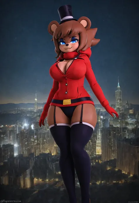 (best quality, masterpiece1.2), 1girl, solo, human, cally3d, (fredina), brown body, top hat, bear ears, stockings, woman, red hoodie, blue eyes, sexy, detailed, extreme detail, perfect lighting, 4k, hood down, Giantess, ultra big, city, mountain, ultra gia...