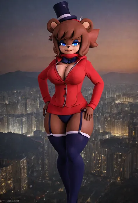 (best quality, masterpiece1.2), 1girl, solo, human, cally3d, (fredina), brown body, top hat, bear ears, stockings, woman, red hoodie, blue eyes, sexy, detailed, extreme detail, perfect lighting, 4k, hood down, Giantess, ultra big, city, mountain, ultra gia...