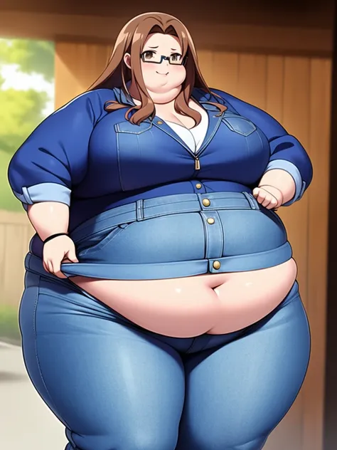 Anime Girls, Brown Hair, Forehead、Afro、Glasses、Brown eyes, Are fat、Chubby、Voluptuous、obesity、Denim jumpsuit