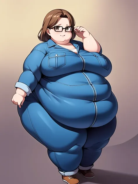 Anime Girls, Brown Hair, Forehead、Afro、Glasses、Brown eyes, Are fat、Chubby、Voluptuous、obesity、Denim jumpsuit