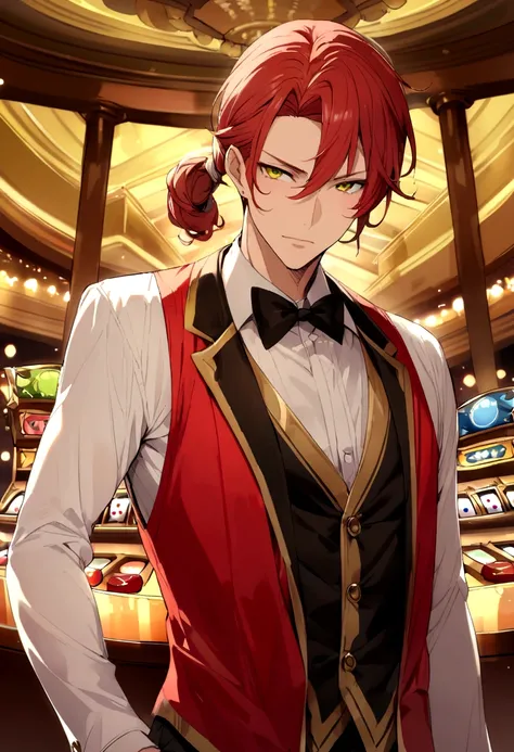 Sharpness、yellow-green eyes、Red hair、One knot、Loosely tied、Casino Costumes、Casino Background、Adult male、