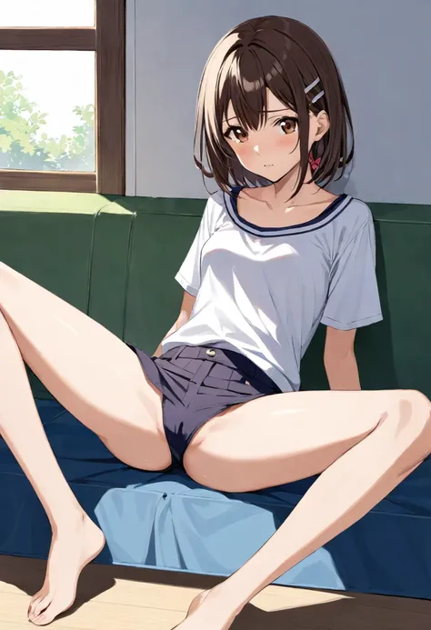 (Ellen 18-years-old, short dark layered hair, Brown-eyed, small breast:1.0), hair clips 
Casual outfit, spread legs, sitting, embarrassed, groin , 