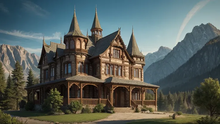 Western Castle, Nestled in the mountains, Horror atmosphere, UHD, masterpiece, accurate, anatomically correct, textured skin, super detail, high details, high quality, award winning, best quality, highres