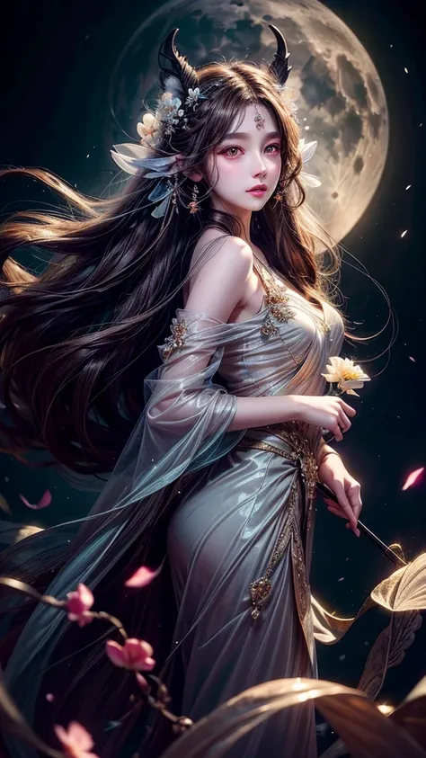 Long flowing brown hair，Fluorescent eyeshadow，Glowing pale eyes，Moon，Demon-free，Plush ears，moonlight，Flowing tulle，Best picture quality，Transparent flowers，Gradient petals，Flower hairpin，Noodles