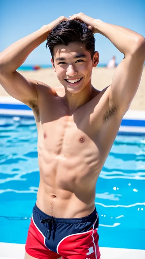 male Age 20 swimwear lifeguard topless smile