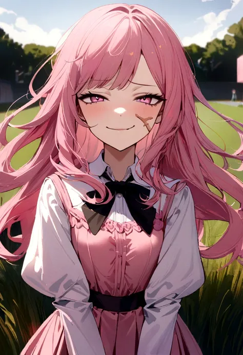 1 girl, solo, slim, short, long pink hair, long hair, pink eyes, pink blouse, long white sleeves, pink pleated skirt, black bowtie, blurry background((grass yard)), looking at viewer((cocky facial expressions, smirking))