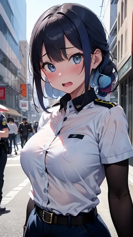 mastute piece,Best Quality,insanely detailed,8k cg,nsfw,
(shoot upper body:1.3),
(1girls:1.3),standing,looking at viewr,body in front,both arms behind back,(police women uniform:1.3),
break,
blush,shy,(ecstasy face),(trembling:1.2),break,(light blue hair),...