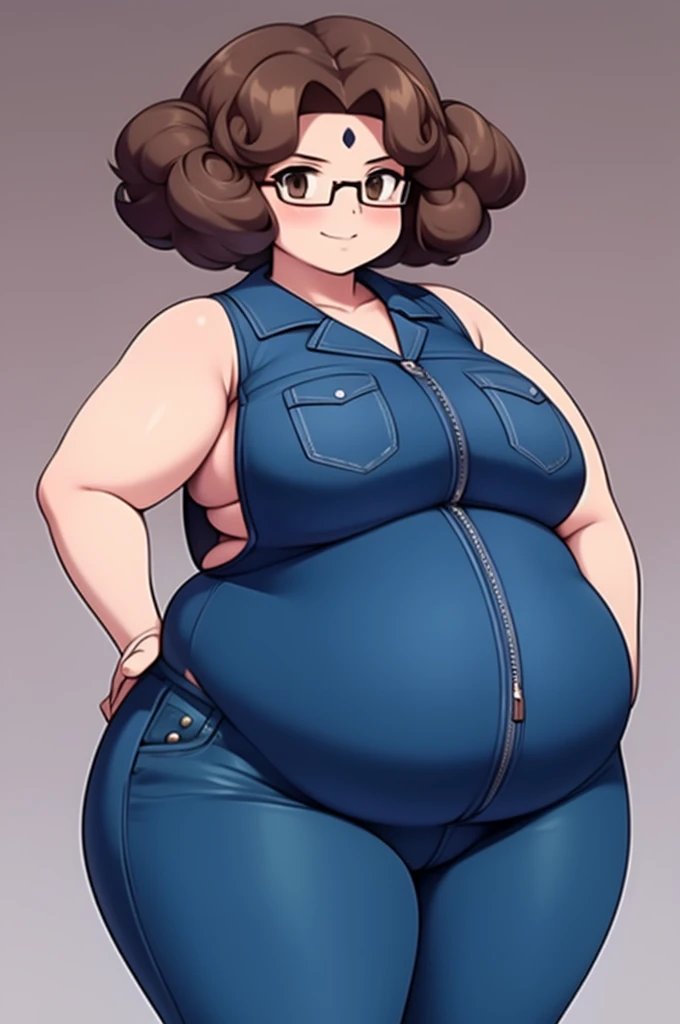 Anime Girls, Brown Hair, Forehead、Short Hair、Curly hair、Afro、Glasses、Brown eyes, Are fat、Chubby、Voluptuous、obesity、Denim jumpsuit