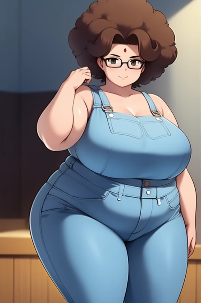 Anime Girls, Brown Hair, Forehead、Short Hair、Curly hair、Afro、Glasses、Brown eyes, Are fat、Chubby、Voluptuous、obesity、Denim jumpsuit