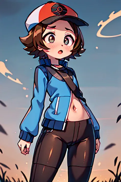 ((masterpiece, best quality)), 1girl, hilbert (\pokemon\), flat chest, black pants, brown hair, jacket, (blue jacket), brown eye...