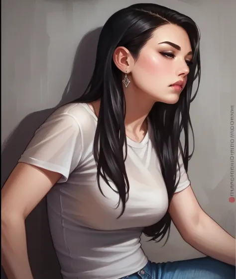 score_9, score_8_up, score_8, rating_safe, traditional art, 1girl, adamhughesstyle, minkostyle, realistic, black hair, loose unt...