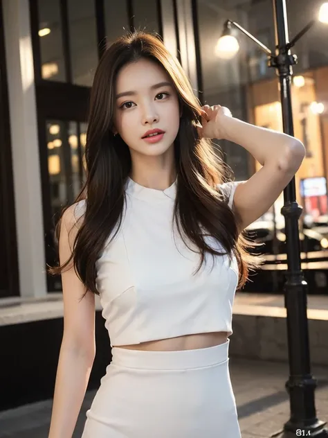 (best quality, 8ก, Masterpiece: 1.3), clear focus: 1.2, beauty: 1.4, abdomen: 1.1, brown hair, white dress: 1.4, Night outdoor activities: 1.1, city road, good face and eyes, Double eyelids. Add realistic lighting, Pay attention to the proportional adjustm...