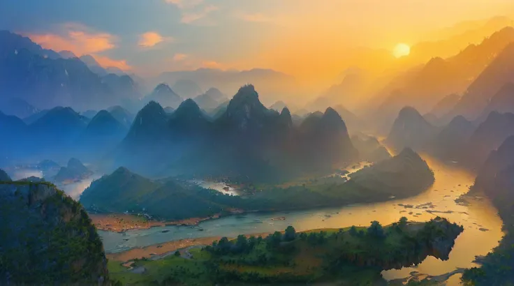 arafed view of a river and mountains with a sunset, chinese scenery, karst, stunning scenery, dreamy chinatown, stunning scenery...