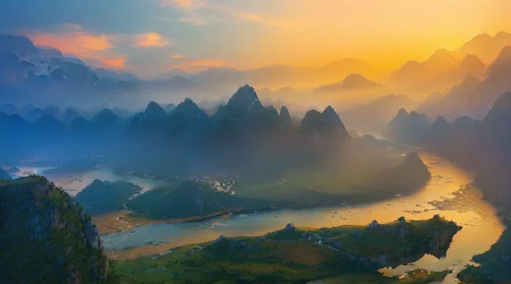 arafed view of a river and mountains with a sunset, chinese scenery, karst, stunning scenery, dreamy chinatown, stunning scenery...