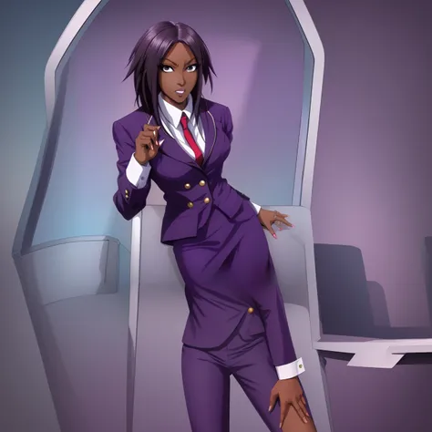 Black anime business woman in a purple skirt suit