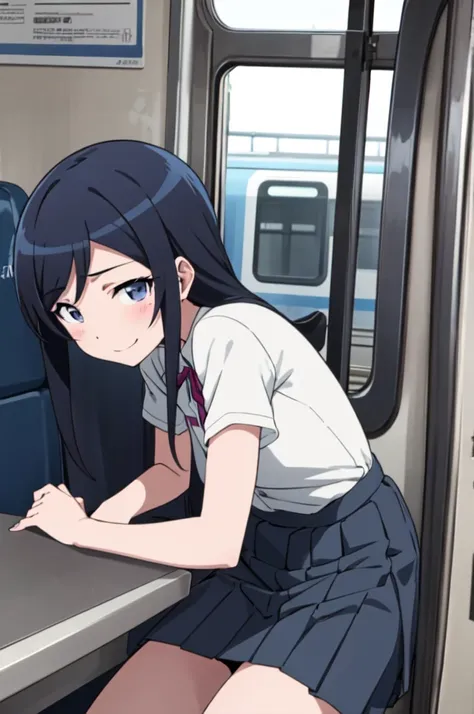 alone, one girl, show viewer, 2d, anime, anime coloring, upper body,  sit in a train seat, (bend your knees, panty shot), camel ...