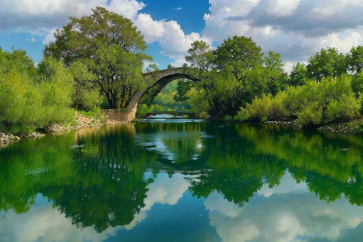 there is a river with a bridge and trees in the background, river with stunning water, reflections on the river, stone bridge, v...