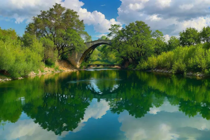 there is a river with a bridge and trees in the background, river with stunning water, reflections on the river, stone bridge, v...