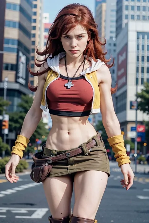 low view perspective, redhaired girl as a superheroine, straight redhaired, bangs, skirt,  super powerful, pink eyes, midriff, r...