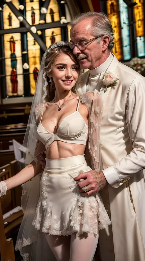 (Father-daughter marriage scene:1.9)), (one ultra sexual 13 year old sexy angelic horny incredibly gorgeous supermodel daughter bride embracing her father:1.7), pinned against a wall, high quality fingers, normal hands, detailed fingers, masterpiece, (she ...