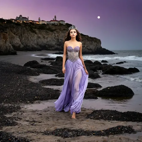 A beautiful creature with a lavender flowers tiara walks on a creepy rocky beach, beach sunset, shadowlike ghost floating, nightmare, gloomy, slightly influenced by Tim Burton and Luis Royo, highly detailed.