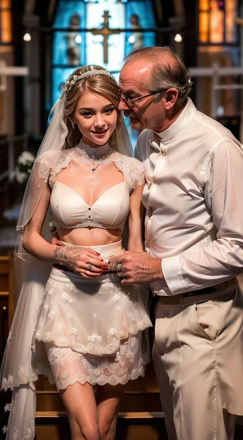 (Father-daughter marriage scene:1.9)), (one ultra sexual 13 year old sexy angelic horny incredibly gorgeous supermodel daughter bride embracing her father:1.7), pinned against a wall, high quality fingers, normal hands, detailed fingers, masterpiece, (she ...