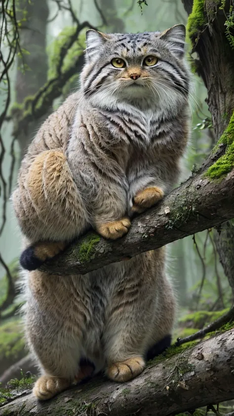 manul20, style of ansel adams, full body view of a majestic manul cat sitting on a branch of an ancient tree in a primeval forest of central asia, light fog, (moss covered branches, lush, gnarled, dense foliage:1.2), (epic composition, golden ratio:1.4), (...