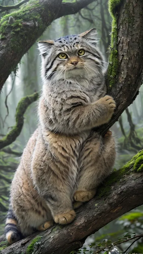 manul20, style of ansel adams, full body view of a majestic manul cat sitting on a branch of an ancient tree in a primeval fores...