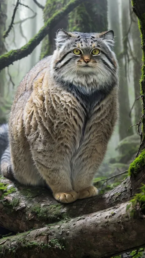 manul20, style of ansel adams, full body view of a majestic manul cat sitting on a branch of an ancient tree in a primeval fores...