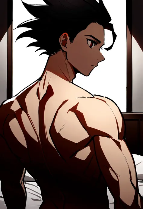 1boy, male focus, ponyzeldris, black hair, short hair, spiked hair, black eyes, red eyes, empty eyes, muscle, back view, wearing...