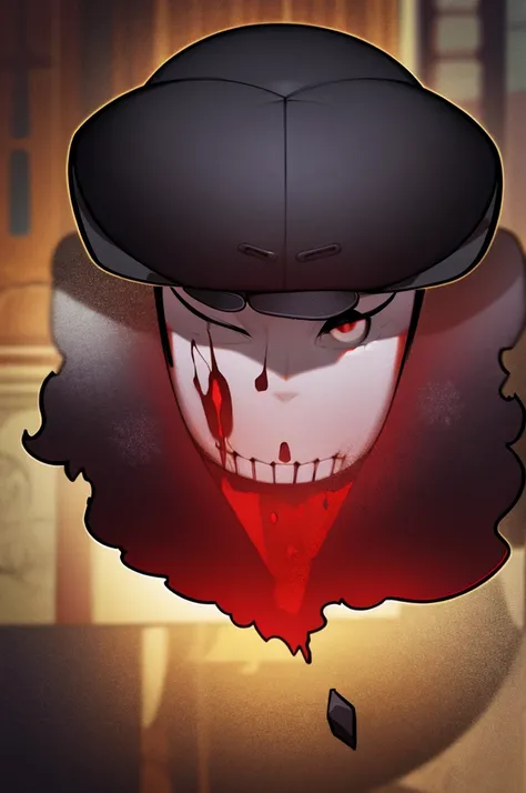 blood god wearing a black fedora, ripped black shirt, long red hair, grey skin, crying blood, grave in background, full body