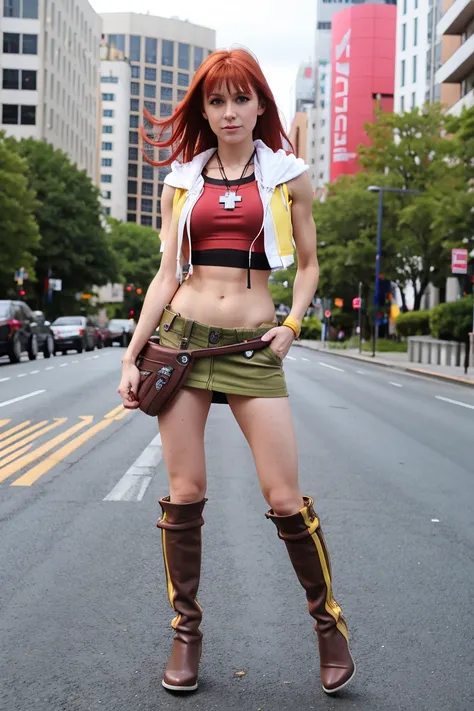 redhaired girl as a superheroine, straight redhaired, bangs, skirt, super powerful, pink eyes, midriff, riding boots, white socks, toned arms, toned abs, tall and sexy, powerful, superb face, perfect body, tall, happy, smug, large chest, choker collar, 20y...