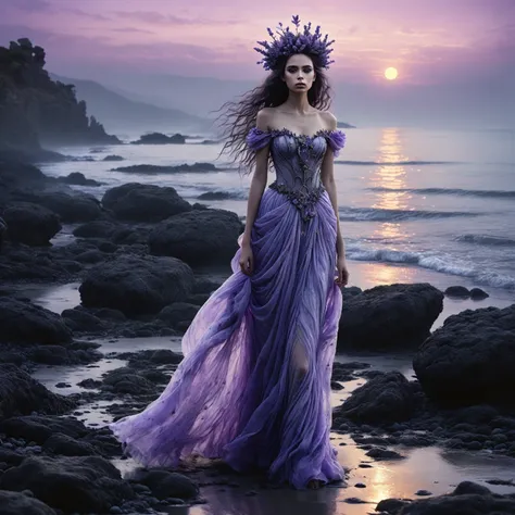 A beautiful creature with a lavender flowers tiara walks on a creepy rocky beach, beach sunset, shadowlike ghost floating, nightmare, gloomy, slightly influenced by Tim Burton and Luis Royo, highly detailed.