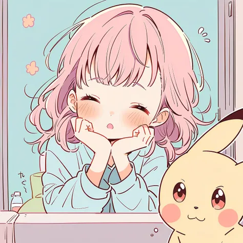 Cute Pikachu washing his face in the bathroom、pastel colour