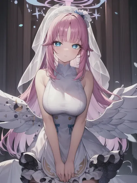 a girl，long hair, bangs, pink hair, hair between the eyes, (blue eyes:1.5),  (large breasts:1.2), 
rest  锁骨, wedding dress，veil，...