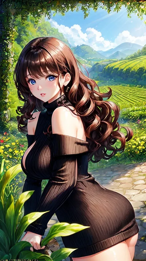 1 female、brown hair、curly hair、blue eyes、thick lips、Black turtleneck knit dress、off shoulder、slim、valley、beautiful breasts、Fresh greenery、Tea plantation、sunlight、masterpiece、ultra high resolution、perfect lighting、16k