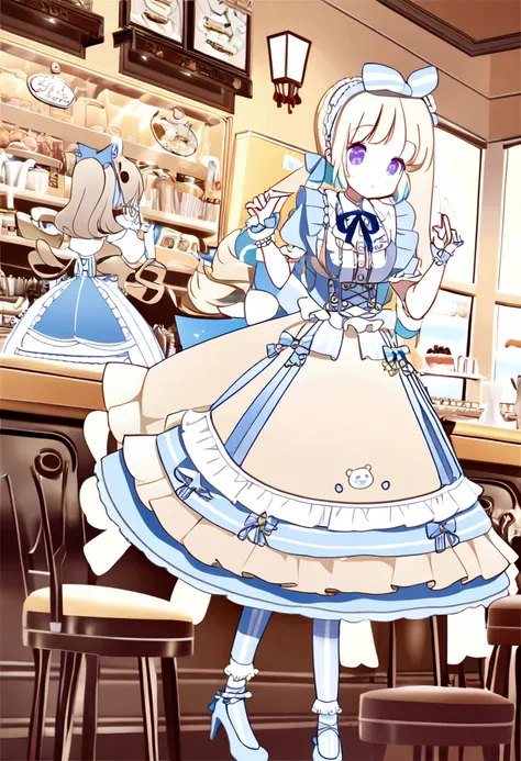 An illustration featuring a Lolita girl in an anime style is depicted with pastel blue and white attire. The character is characterized by long beige ponytails, a ruffled headband adorned with a blue ribbon, and white striped blue stockings paired with hee...