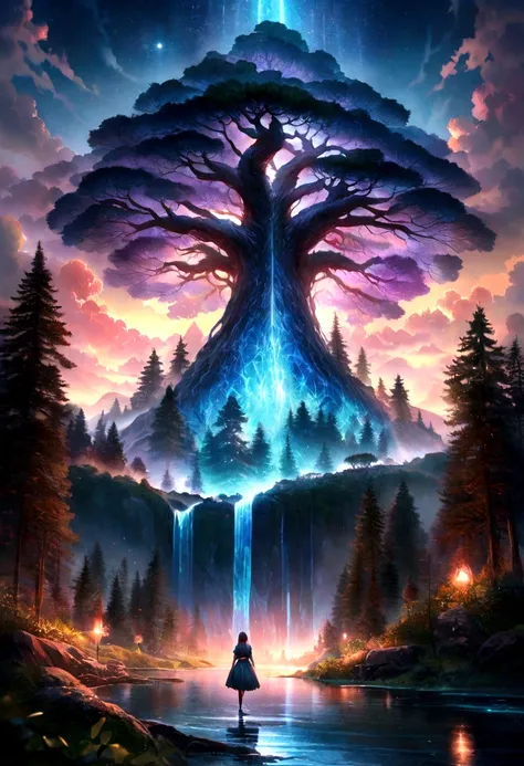 Ultra-realistic illustrations, Otherworldly, Super celestial scene with full length giant crystal tree, Very detailed and magical lighting, Intricate forest details, Surrounding vegetation and river, Sunny Punk, landscape, Giant Tree, A beautiful deciduous...