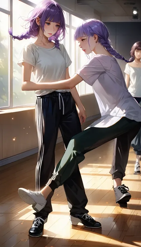 (cute a girl:1.5), (one girl with pale purple hair,wavy two braids,blunt bangs hair,green and black eyes,
A girl in a short-sleeved white T-shirt and tracksuit pants, dancing shoes, taking a dance lesson in a dance studio,:1.4),(masterpiece:1.3), anime vis...