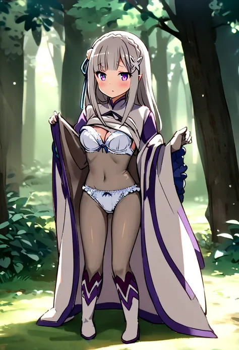 Starting Life in Another World from Zero,Emilia,Medium breast,in the forest, Emilia風の服,whole body(((clothes lift)))(((show off bra))) (((frilled panties))),Panty wedgie