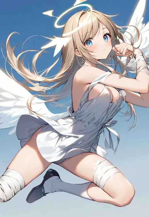 1girl, female, solo, (breast:0.8), blue eyes, (gauze bandage warpped around hand:0.5), stripe bandage on legs, dynamic pose, long hair, wispy bangs, dual angel halo rings, tiny wings on angel halo rings, head tiny wings, white slip, white socks