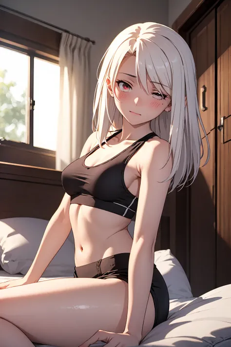 NSFW(Highest quality:1.5, High resolution, 超High resolution, 4K, Detailed lighting, Shaders)(masterpiece:1.2), Very detailed, destiny/Background of the stay, indoor, Illyasviel von Einzbern　alone, Cowboy Shot,Long Hair, Gray Hair, Red eyes, Sports bra with...