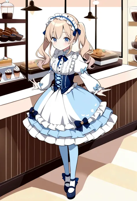 An illustration featuring a Lolita girl in an anime style is depicted with pastel blue and white attire. The character is characterized by long beige ponytails, a ruffled headband adorned with a blue ribbon, and white striped blue stockings paired with hee...