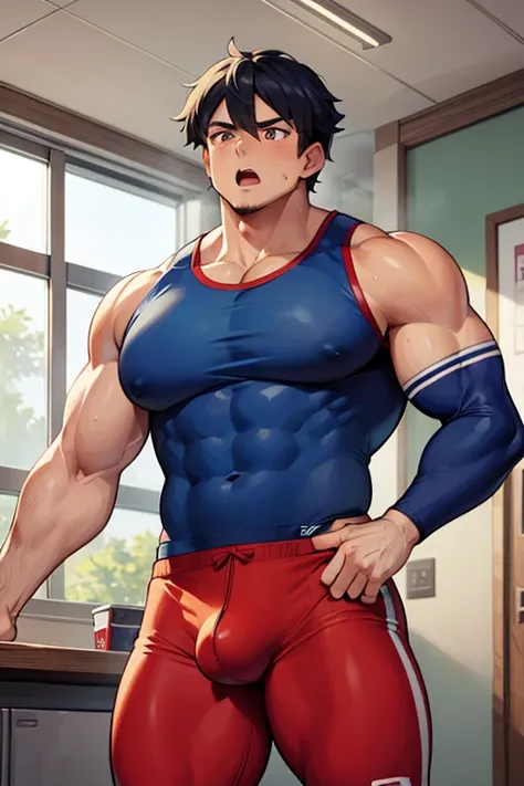 Ash Ketchum and from Pokémon flexing his biceps in a coachs office at the coachs orders under hypnosis with glowing red eyes as he grows into big dumb sweaty hairy muscular football jock bro with a flat top buzzcut haircut. Hyper muscles. Massive muscles. ...