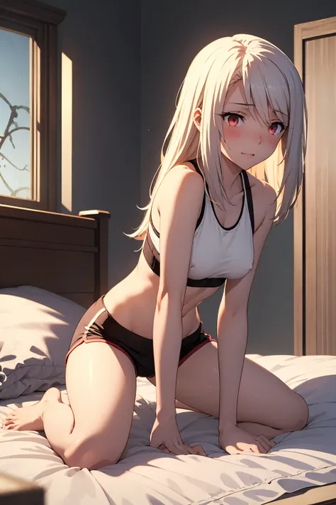 NSFW(Highest quality:1.5, High resolution, 超High resolution, 4K, Detailed lighting, Shaders)(masterpiece:1.2), Very detailed, destiny/Background of the stay, indoor, Illyasviel von Einzbern　alone, Cowboy Shot,Long Hair, Gray Hair, Red eyes, Sports bra with...