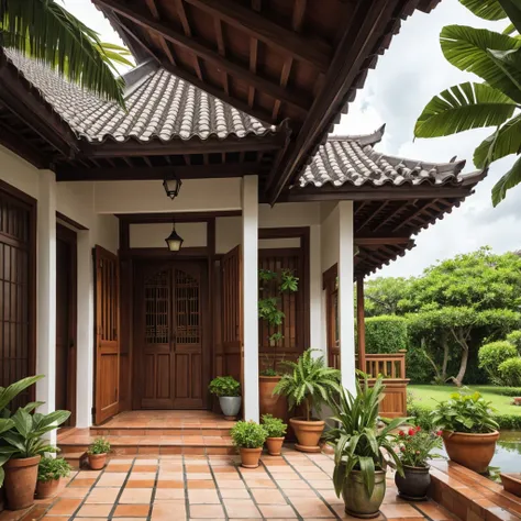 photograph, exterior, vietnamese heritage house, terracotta tiled gable roof, yellow ochre walls, centre lotus pond, wooden doorways, open veranda, serene atmosphere, colonial influences, lush potted plants, terracotta floor, tropical plantings, verdant po...