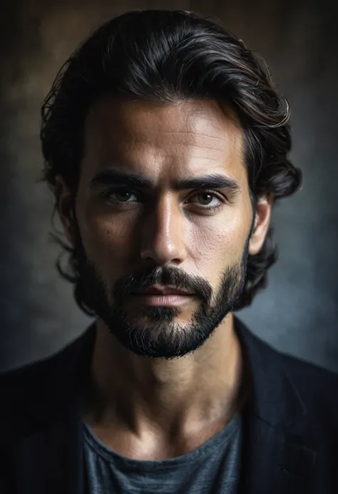 Retrato de Hombre muy serio sin barba con fondo obscuro, imagen hiper realista 