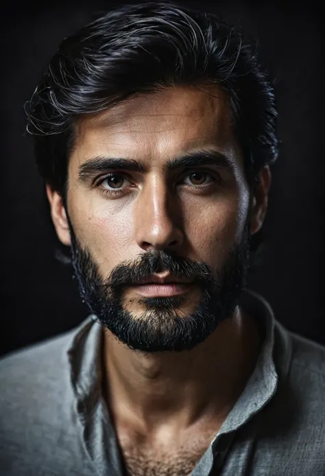 Retrato de Hombre muy serio sin barba con fondo obscuro, imagen hiper realista 